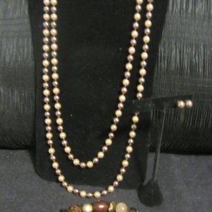 Set of Pearl Necklace & Earrings, Brown,+Bracelet